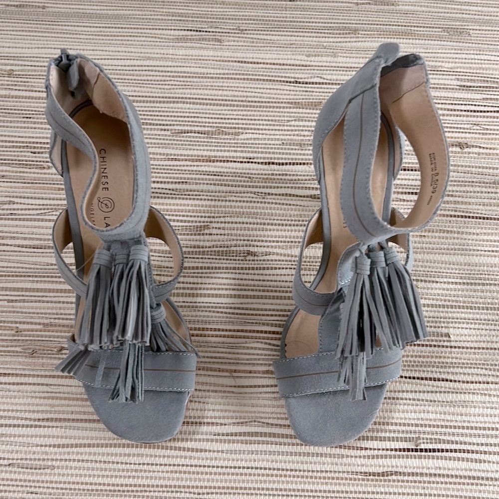 Chinese Laundry Blue Suede Shoes Tassel Stiletto Heel Sandal Womens 39 8 8.5 - Picture 6 of 7